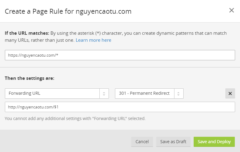 [CloudFlare] Cấu hình redirect 301 https to http với Page Rules