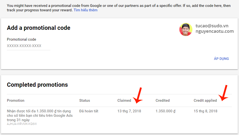 Áp dụng mã khuyến mại Google Adwords