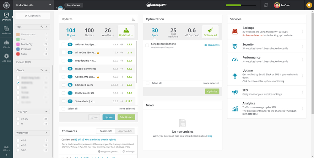 Sao lưu, theo dõi, cập nhật hệ thống Website Wordpress với Managewp