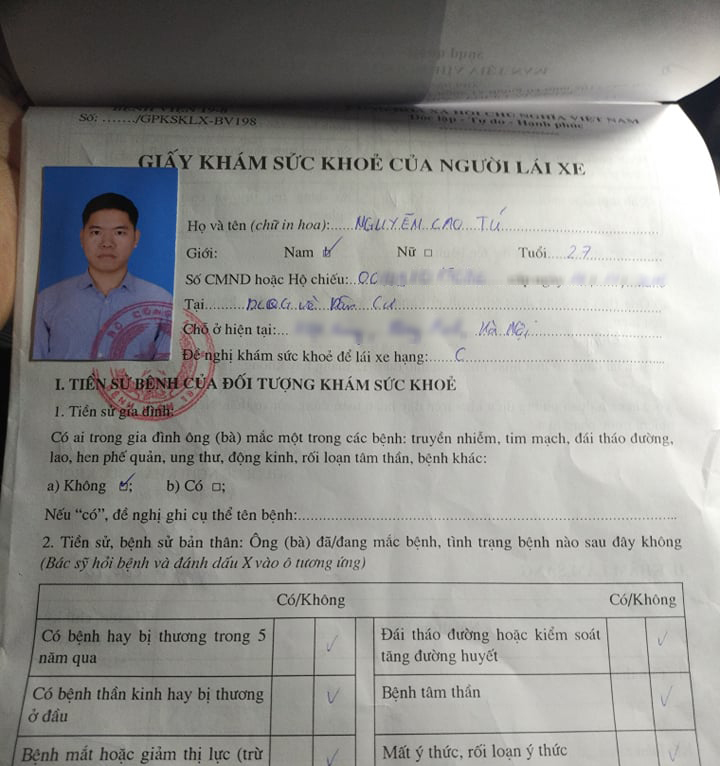 Giấy khám sức khỏe dành cho lái xe cần thêm 1 ảnh 4x6