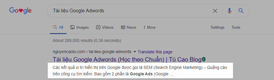Mô tả bài viết trên Google
