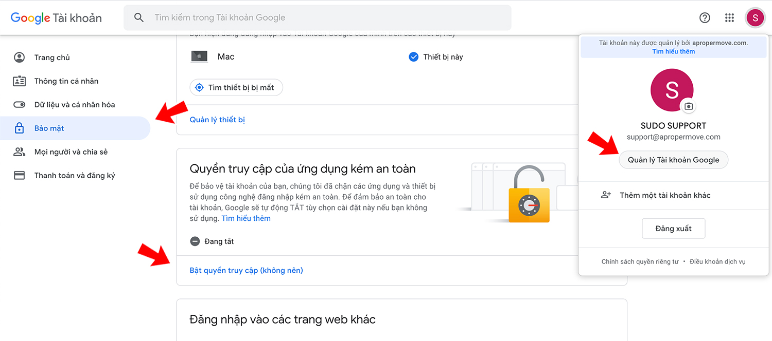 Bật quyền truy cập ứng dụng kém an toàn