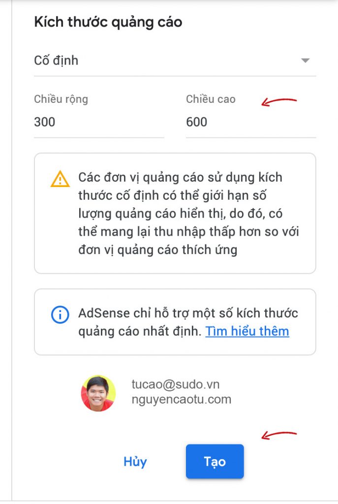 Nhập kích thước quảng cáo cố định