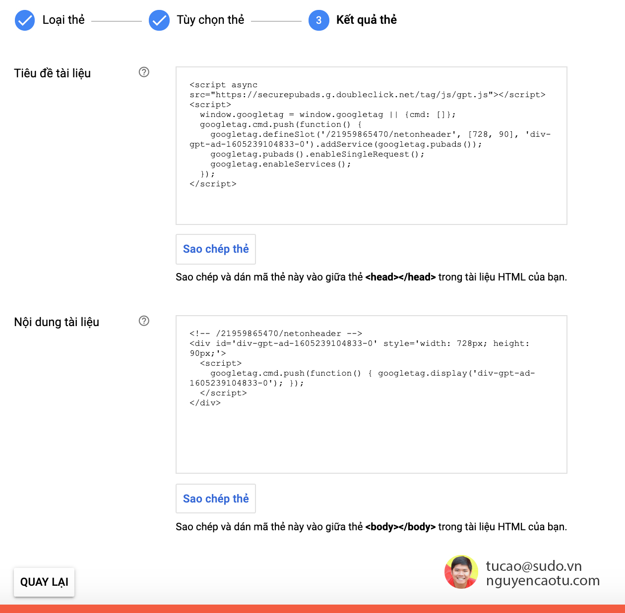Chèn thẻ quảng cáo của Google