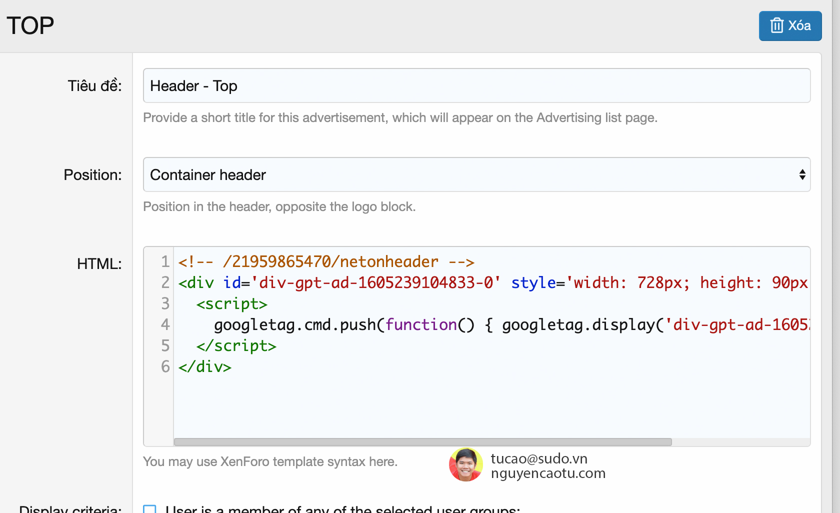 Gắn ads lên vị trí Header của Xenforo