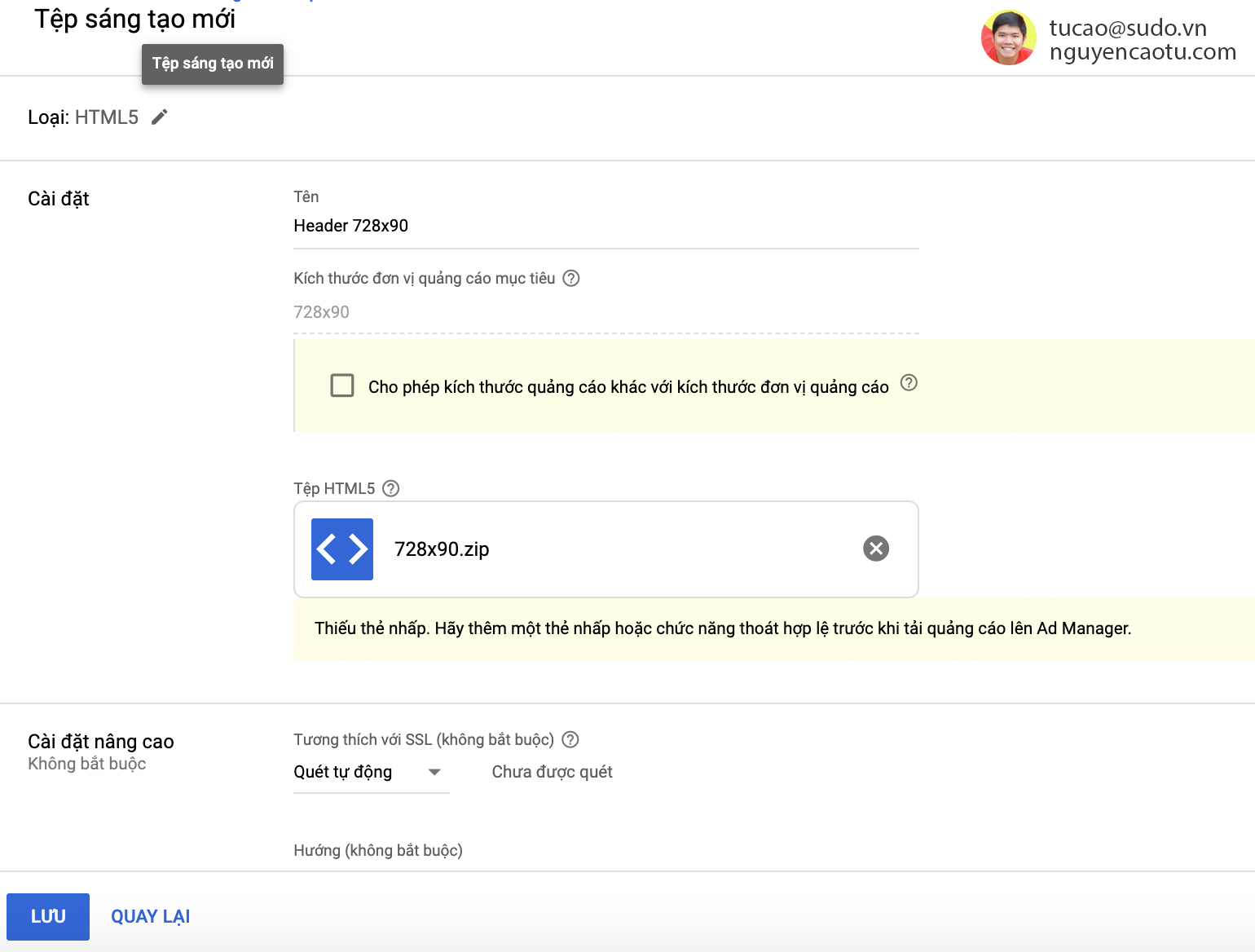 Banner HTML5 của bạn lên ADmanager