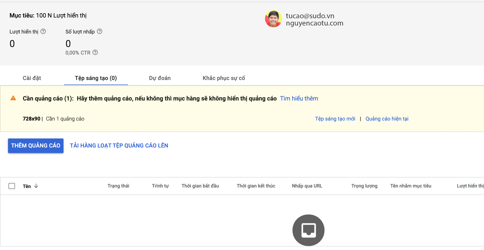 Hãy nhấn nút Thêm Quảng Cáo