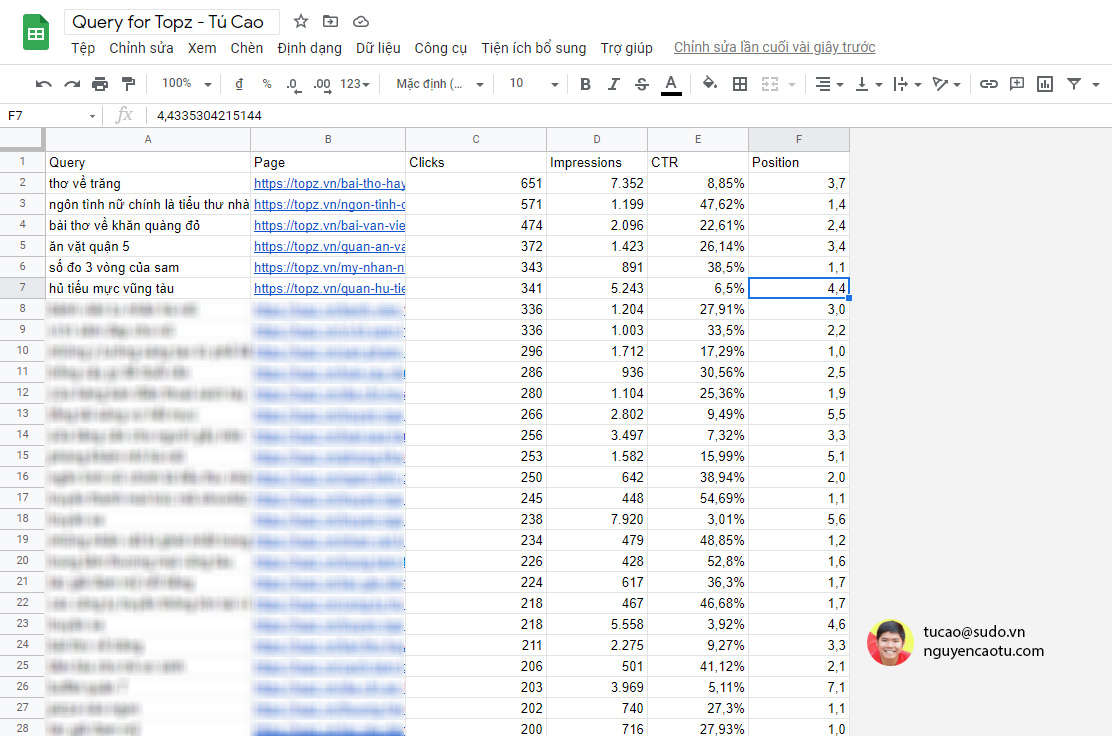 Lấy danh sách truy vấn (query) và trang đích (page) ra Excel từ Google Webmaster