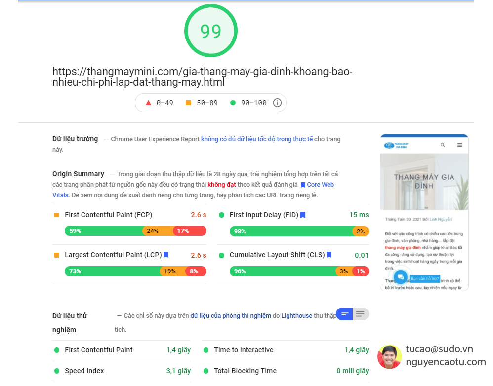 Điểm Google Pagespeed trên Mobile sau khi gắn