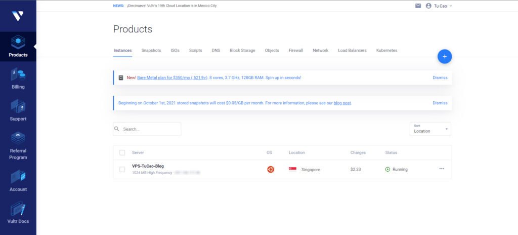 Bảng điều khiển của Vultr