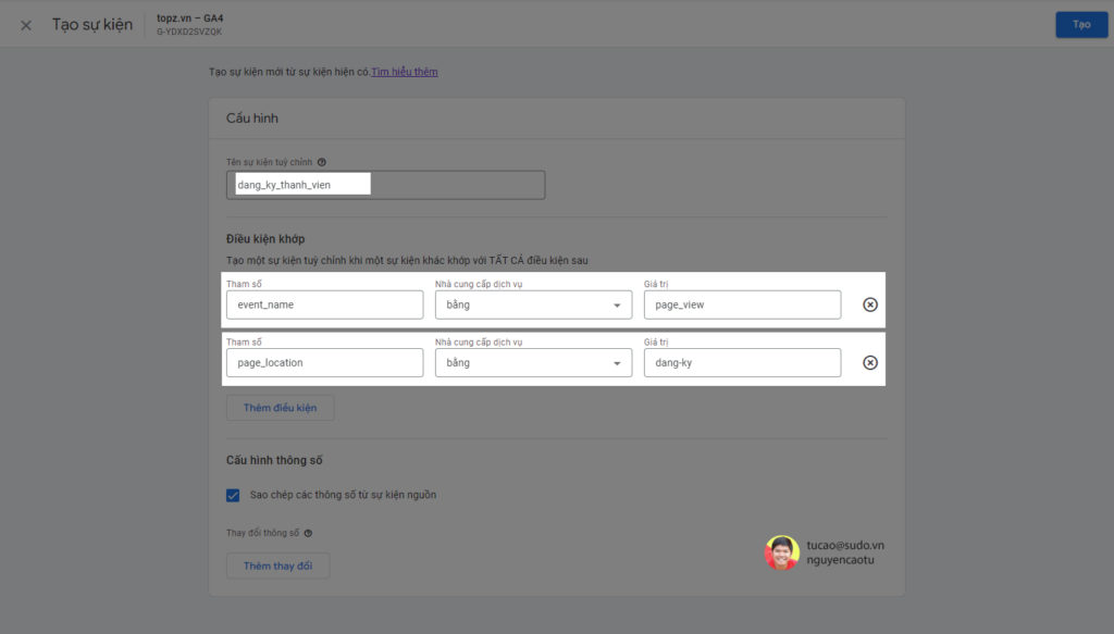 Cấu hình điều kiện để kích hoạt sự kiện