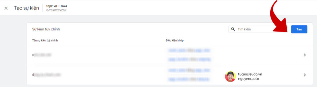 Nhấn nút Tạo để thêm sự kiện mới