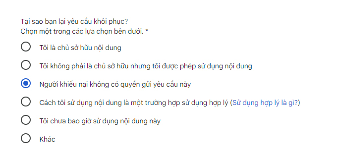 Chọn lý do bạn yêu cầu khôi phục