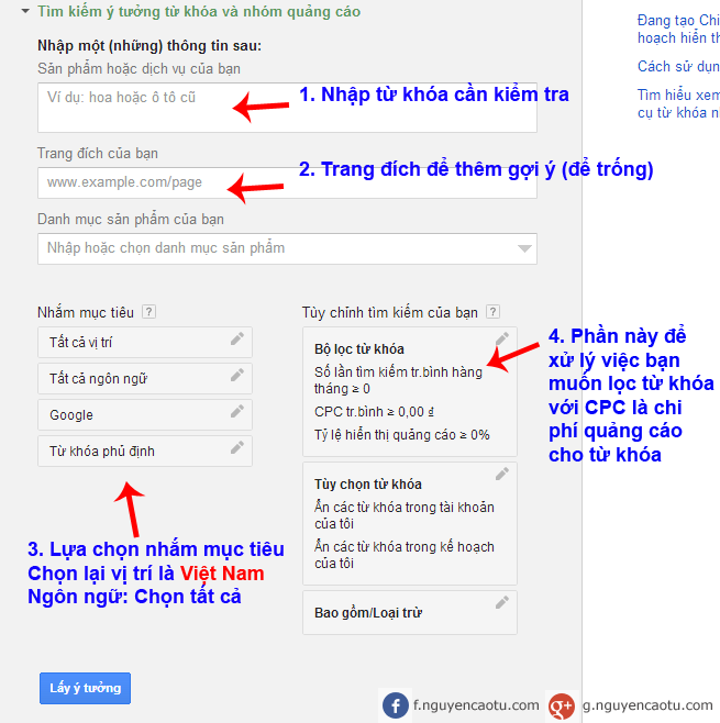Nhập từ khóa cần kiểm tra với Keyword Planner