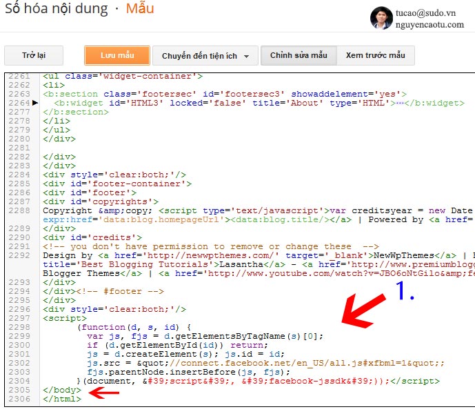 Thêm đọa mã Javascript của Facebook vào Blogspot