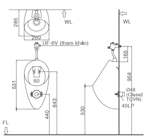 Bản vẽ bệ tiểu nam treo tường U117V INAX