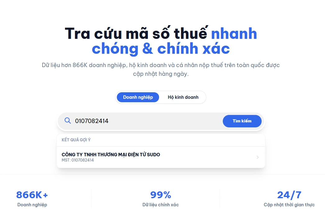 Nhập mã số thuế để tìm hồ sơ doanh nghiệp tại phần tìm kiếm