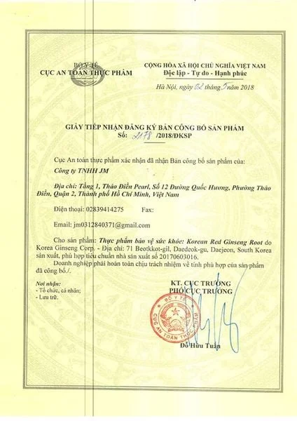 Giấy công bố Hồng Sâm Khô Hộp Thiếc KGC Jung Kwan Jang