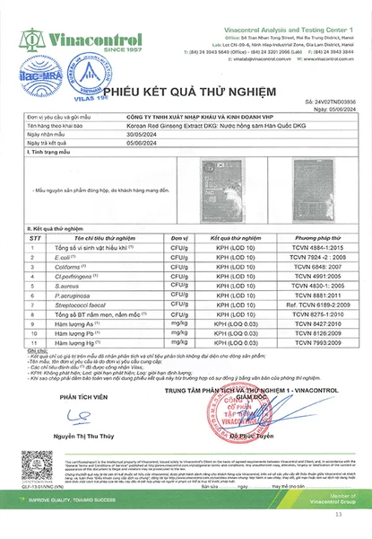 Giấy kiểm nghiệm ATVSTP Nước Hồng Sâm Hàn Quốc DKG Hộp 30 gói 70ml