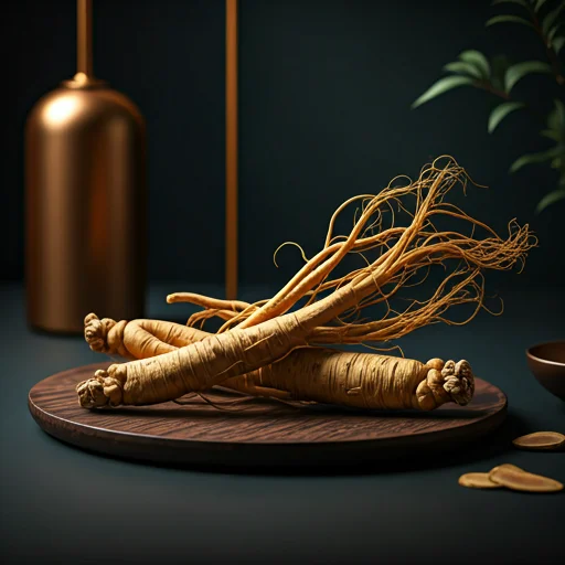 A display of Asian ginseng roots presented elegantly on a wooden plate with a dark, sophisticated background.