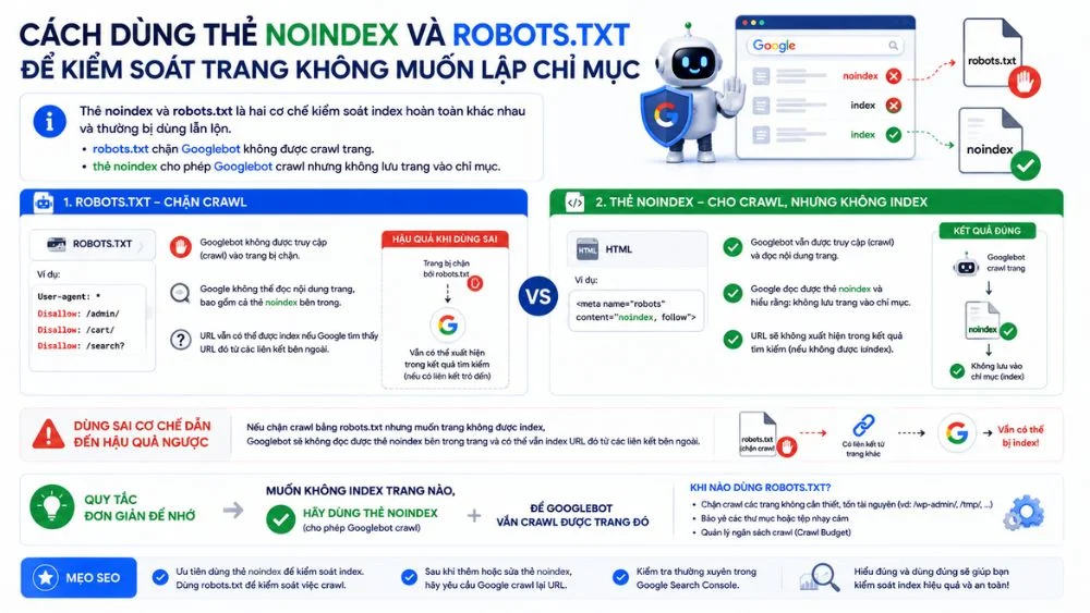 Cách dùng thẻ noindex và robots.txt để kiểm soát trang không muốn lập chỉ mục