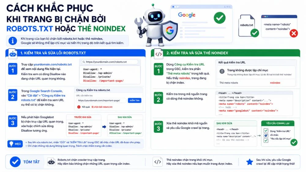 Cách khắc phục khi trang bị chặn bởi robots.txt hoặc thẻ noindex