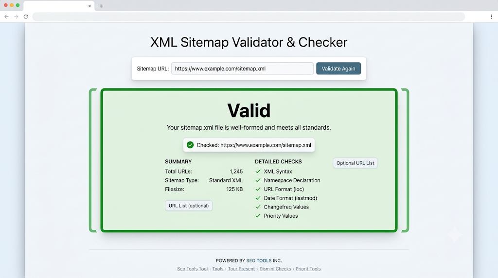 Giao diện kiểm tra file sitemap.xml bằng công cụ validator
