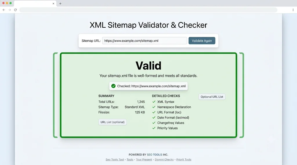 Giao diện kiểm tra file sitemap.xml bằng công cụ validator