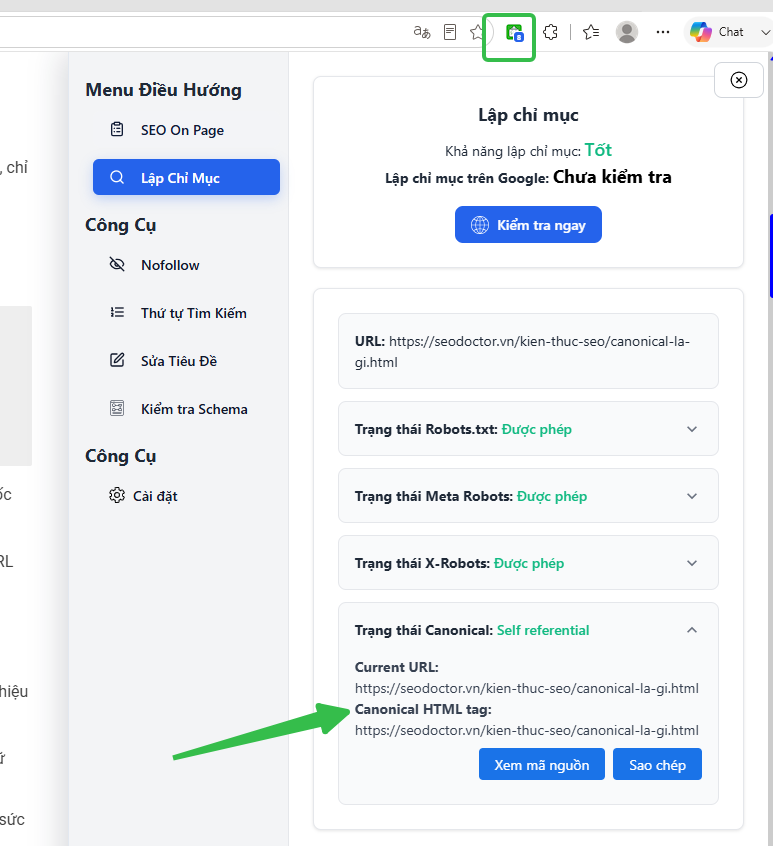 Dùng Trợ lý SEODOCTER để check trạng thái Canonical 