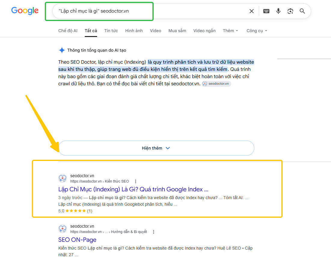 Kiểm tra trực tiếp trên Google Search bằng tìm kiếm từ khóa