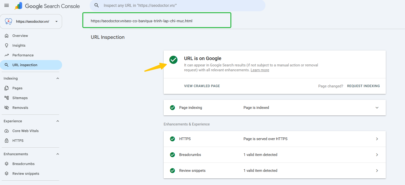 Kiểm tra index trên Google Search Console