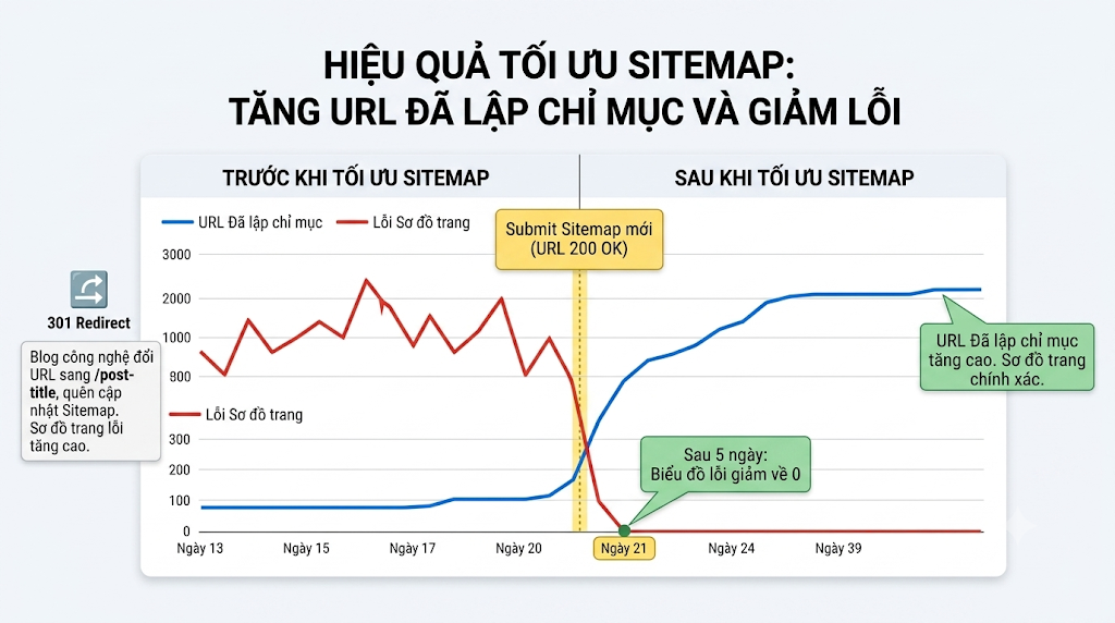  Biểu đồ Search Console trước và sau khi tối ưu sitemap