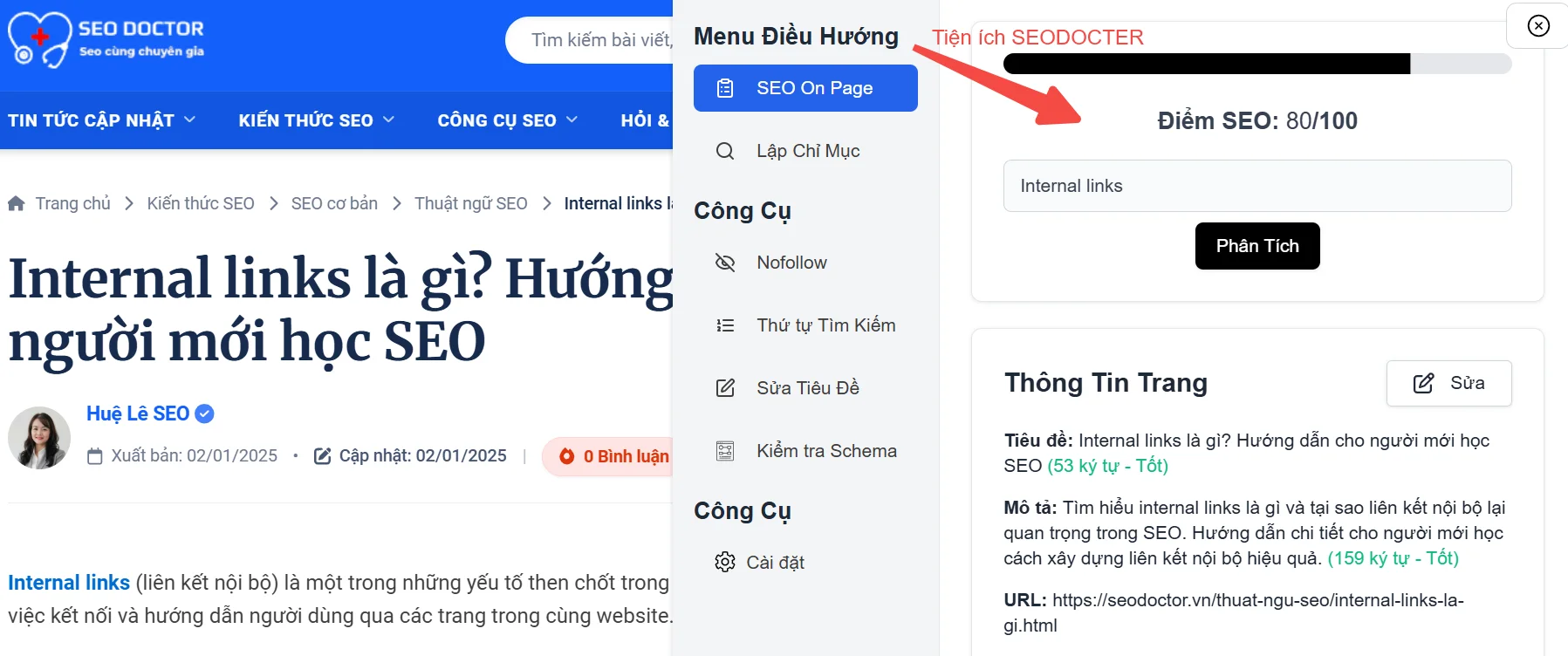 Giao diện extension SEO Doctor hiển thị cảnh báo lỗi Title và Meta Description trên một trang web - xanh là ĐẠT