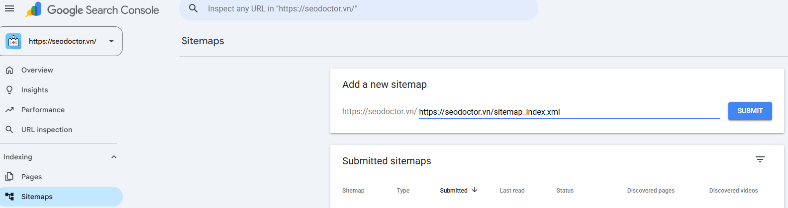 Giao diện mục Sitemaps trong Google Search Console