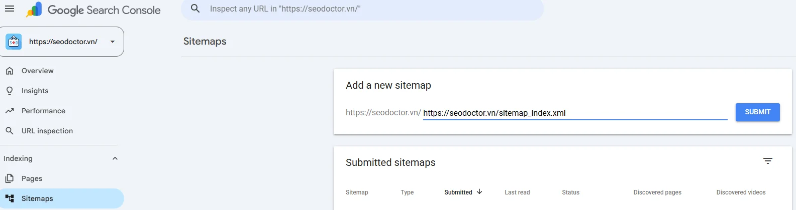 Giao diện mục Sitemaps trong Google Search Console 