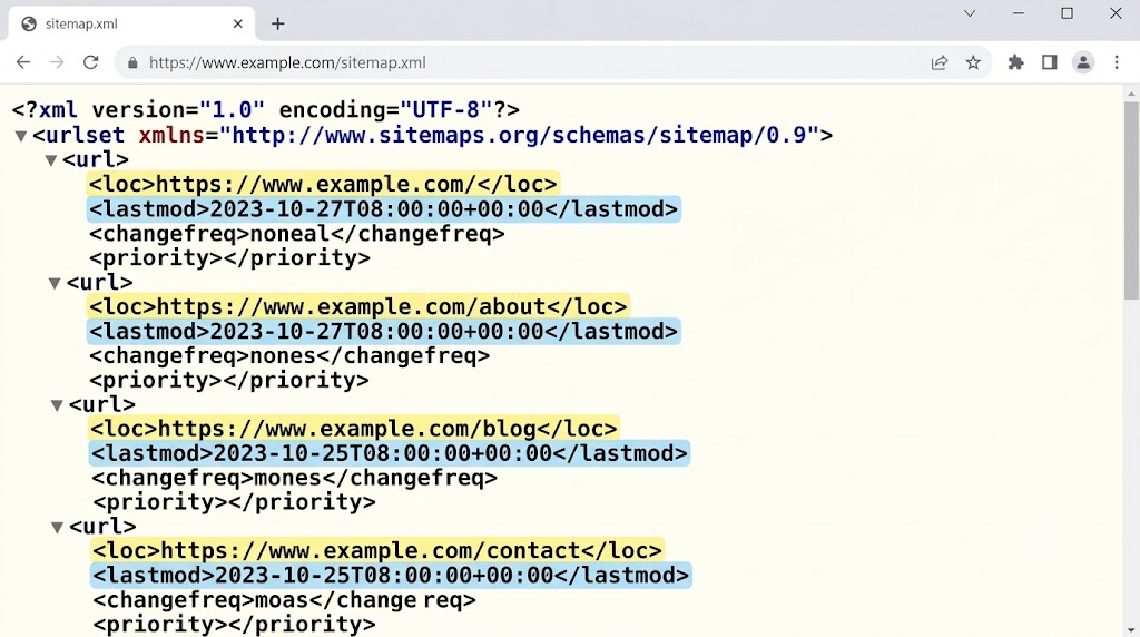 Cấu trúc file sitemap.xml mở bằng trình duyệt