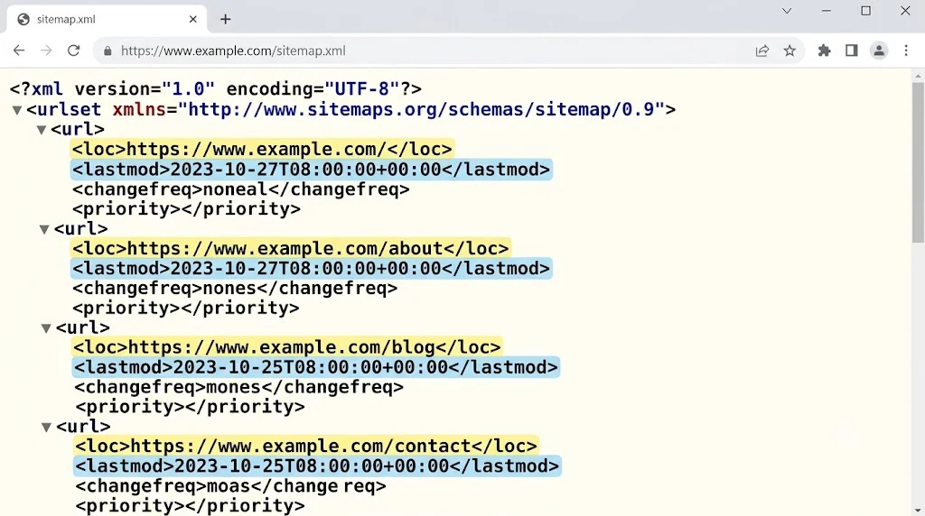 Cấu trúc file sitemap.xml mở bằng trình duyệt