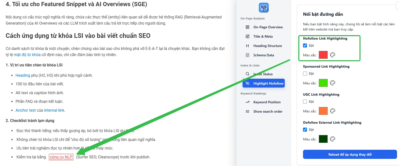 Giao diện SEO DOCTOR hiển thị bộ lọc Dofollow/Nofollow 