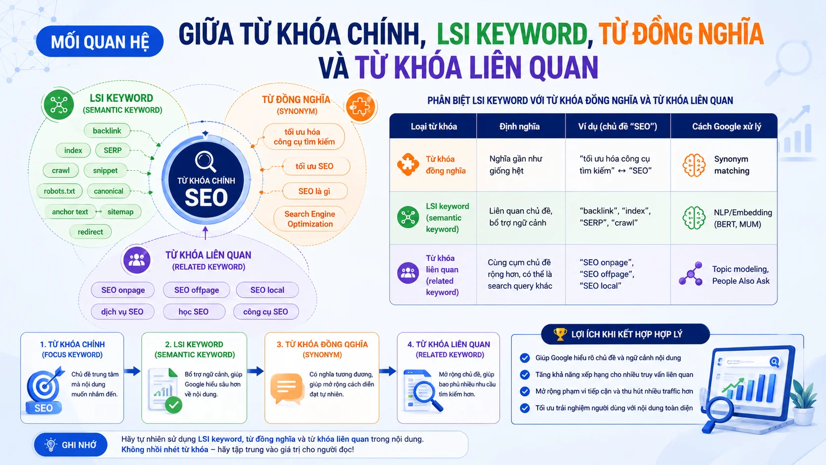 Sơ đồ minh họa mối quan hệ giữa từ khóa chính, LSI keyword, từ đồng nghĩa và từ khóa liên quan trong một cụm chủ đề SEO