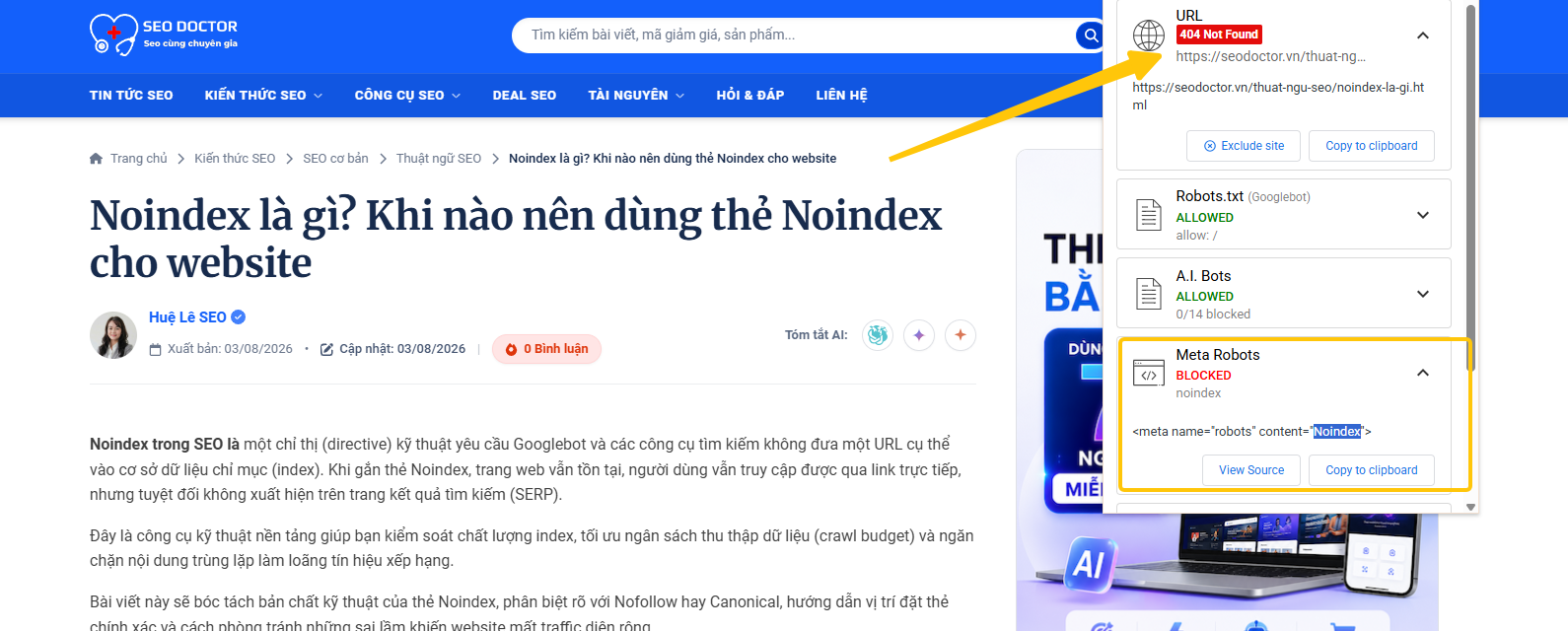 Ví dụ về Page thể hiện Noindex