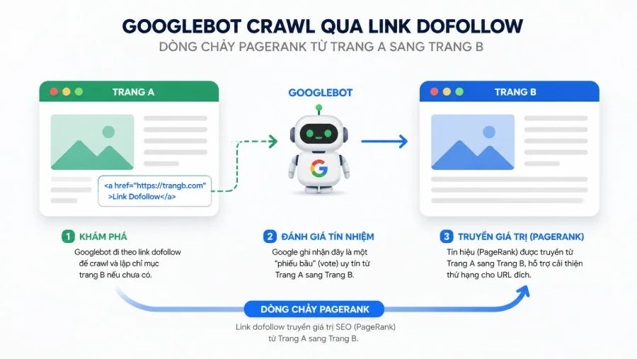  Sơ đồ minh họa Googlebot crawl qua link dofollow từ Trang A sang Trang B, mũi tên thể hiện dòng chảy PageRank