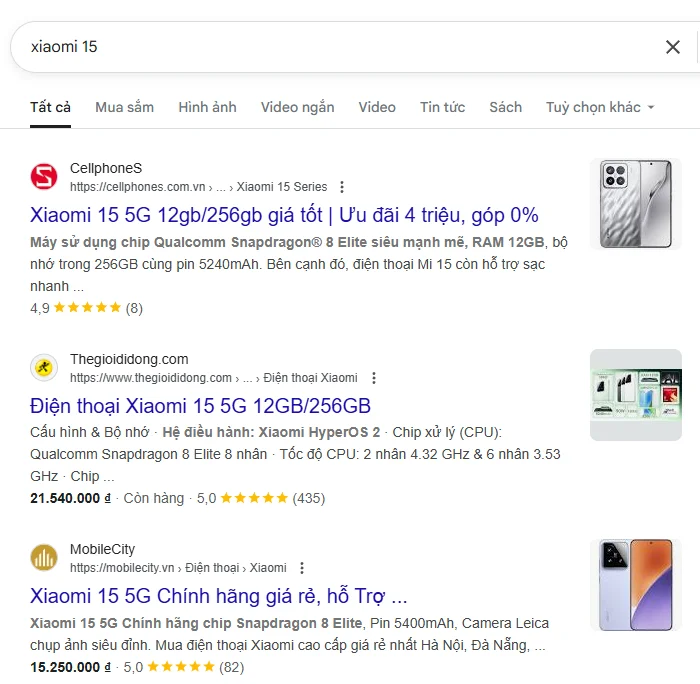 Ví dụ về việc ý định tìm kiếm ảnh hưởng tới trang đích