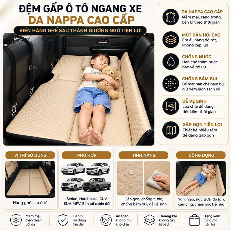 Thông tin sản phẩm đ ệm gấp ô tô ngang xe da Nappa