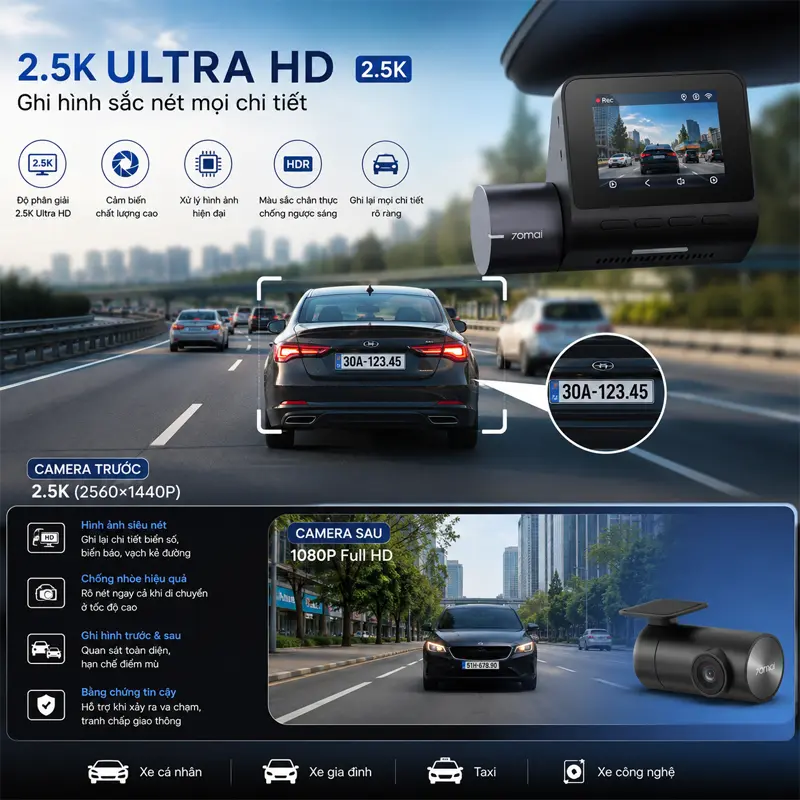 Ghi hình độ phân giải 2.5K Ultra HD – Hình ảnh sắc nét trong mọi tình huống giao thông