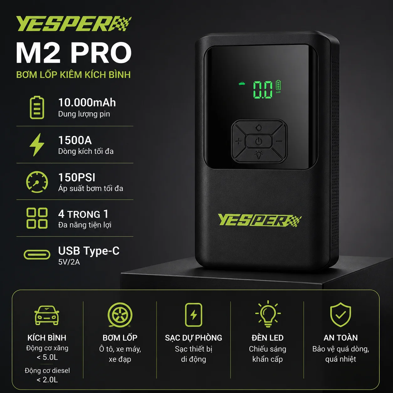 Thông tin sản phẩm bơm lốp kiêm kích bình Yesper M2 Pro 