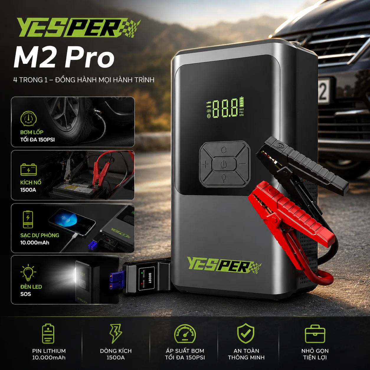 Bơm lốp kiêm kích bình Yesper M2 Pro