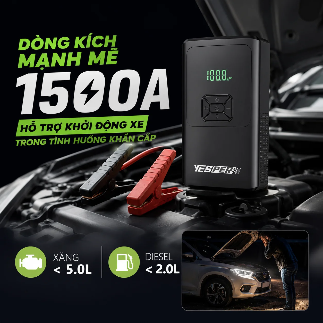 Dòng kích mạnh mẽ 1500A, hỗ trợ khởi động xe trong tình huống khẩn cấp