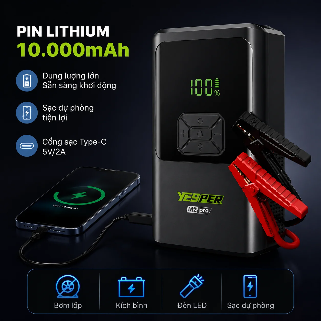 Pin Lithium 10.000mAh dung lượng lớn, kiêm sạc dự phòng tiện lợi