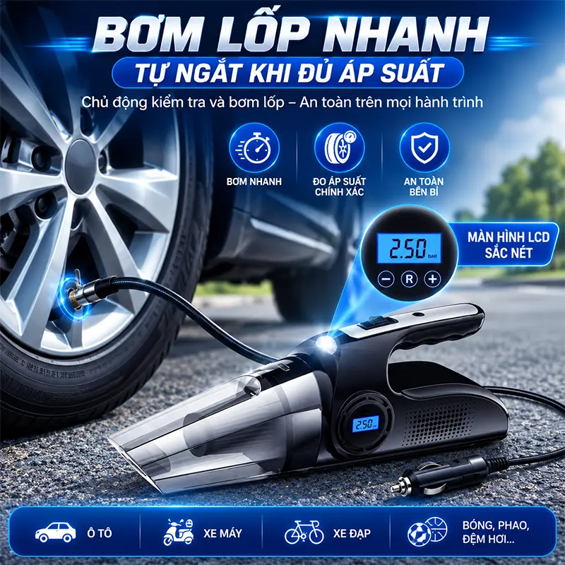 Máy bơm hơi tích hợp màn hình LED hiển thị áp suất chính xác