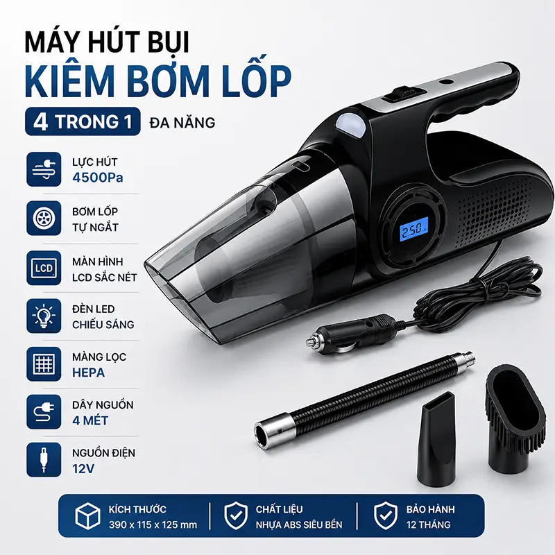 Thông tin sản phẩm máy hút bụi kiêm bơm lốp có dây 4 trong 1 